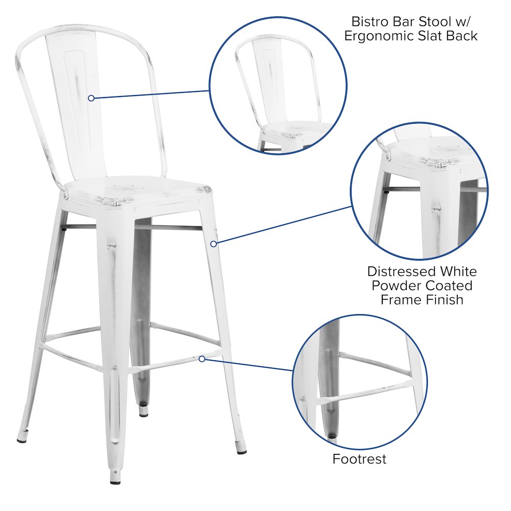 30″ High Distressed White Metal Indoor-Outdoor Barstool with Back