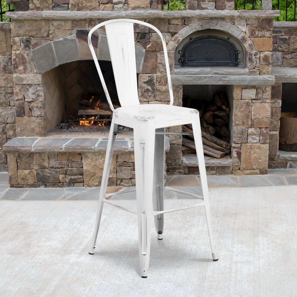 30″ High Distressed White Metal Indoor-Outdoor Barstool with Back