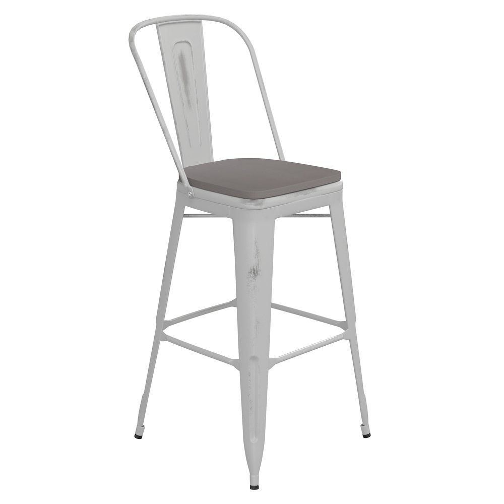 30″ High White Metal Indoor-Outdoor Barstool with Gray Poly Resin Wood Seat