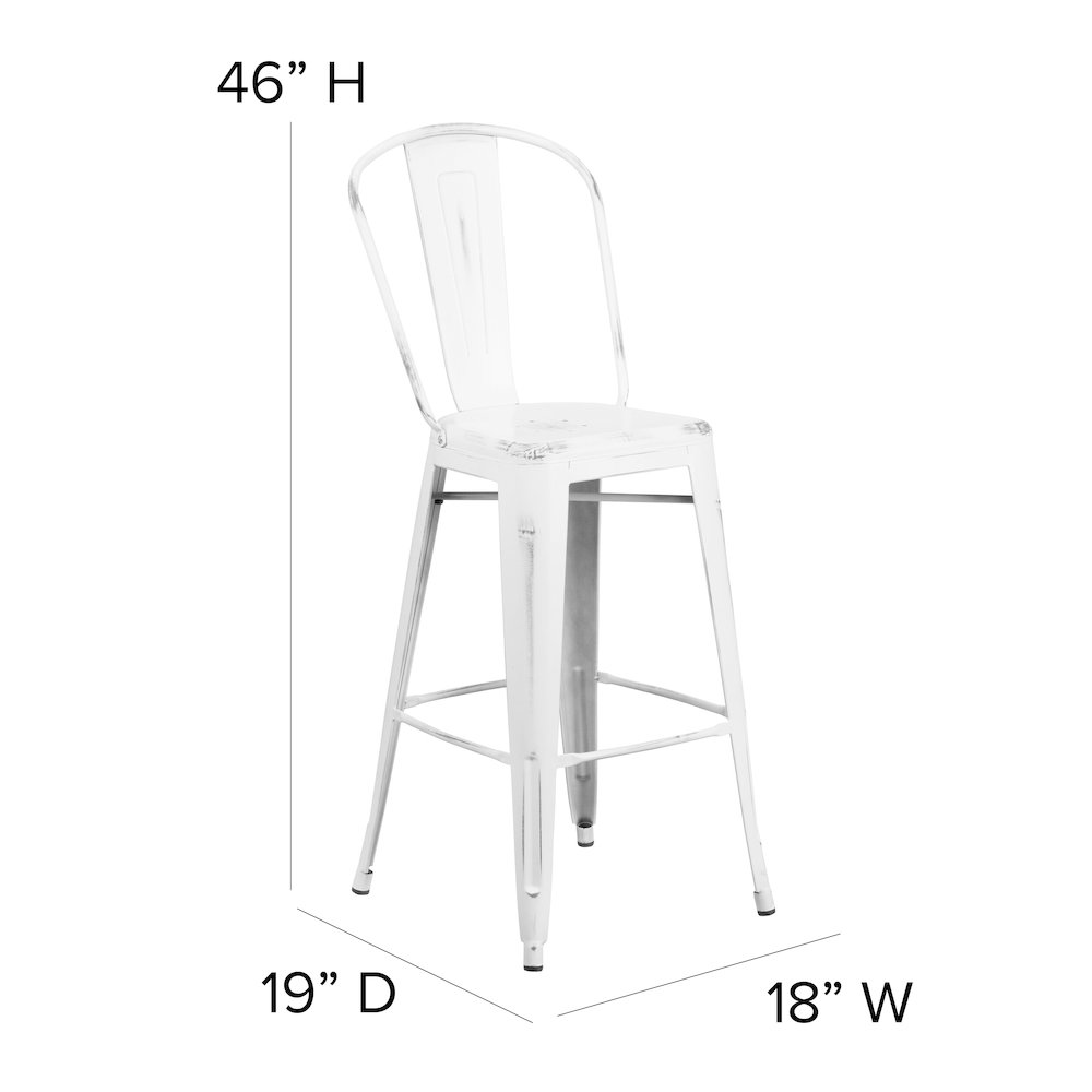 30″ High White Metal Indoor-Outdoor Barstool with Gray Poly Resin Wood Seat