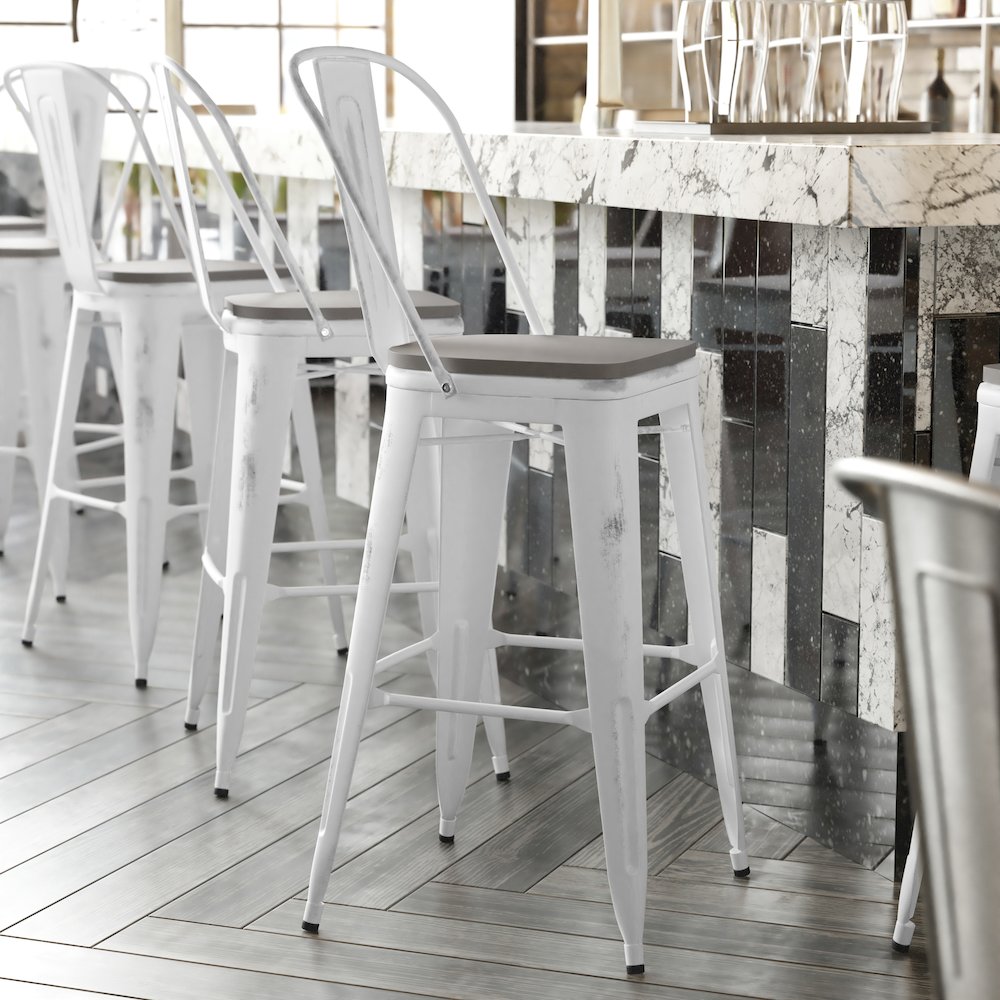 30″ High White Metal Indoor-Outdoor Barstool with Gray Poly Resin Wood Seat