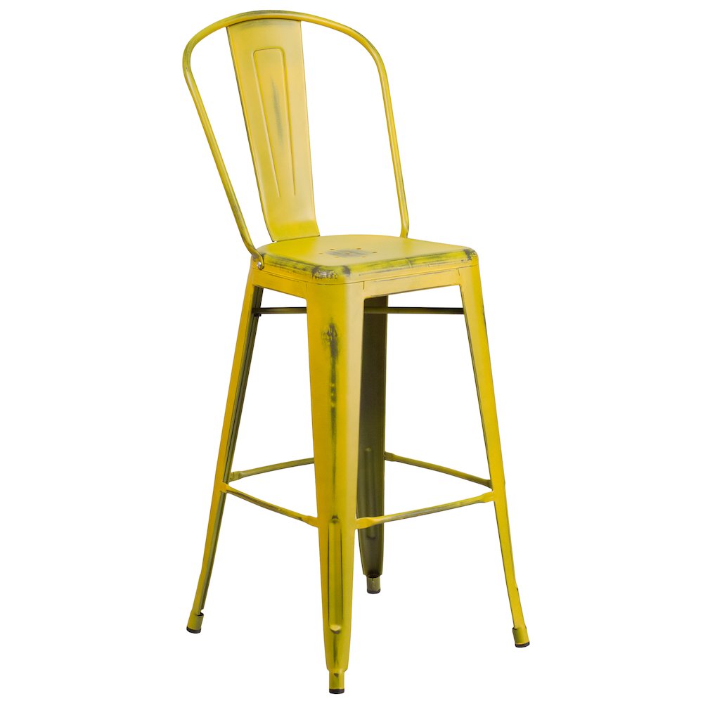 30″ High Distressed Yellow Metal Indoor-Outdoor Barstool with Back