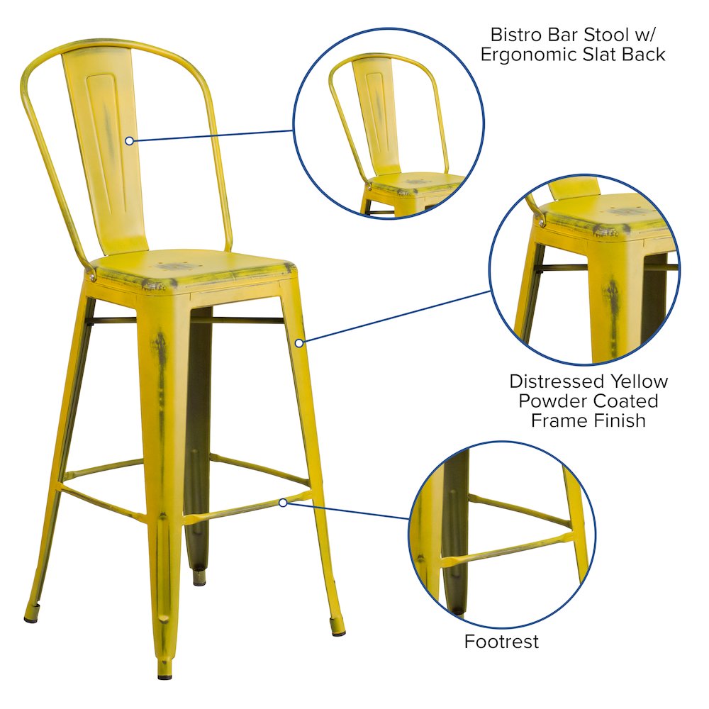 30″ High Distressed Yellow Metal Indoor-Outdoor Barstool with Back