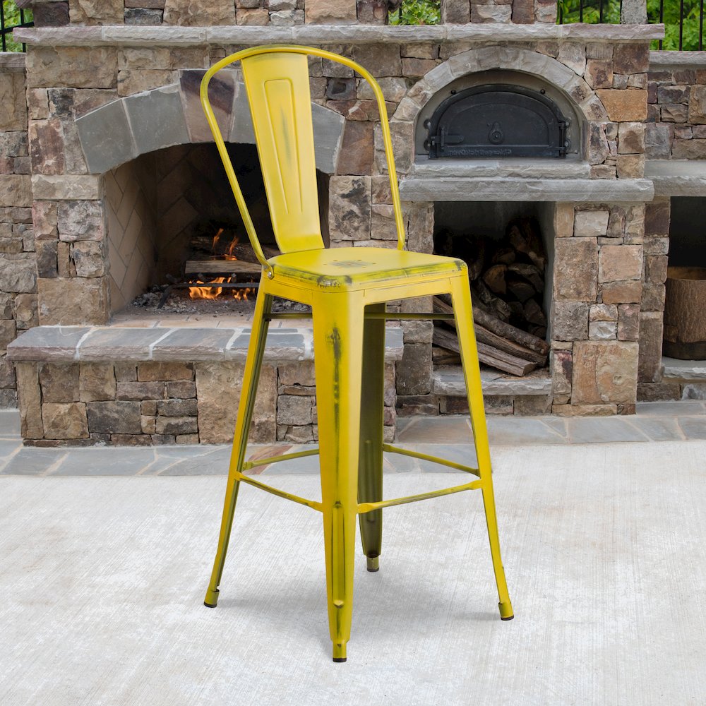 30″ High Distressed Yellow Metal Indoor-Outdoor Barstool with Back