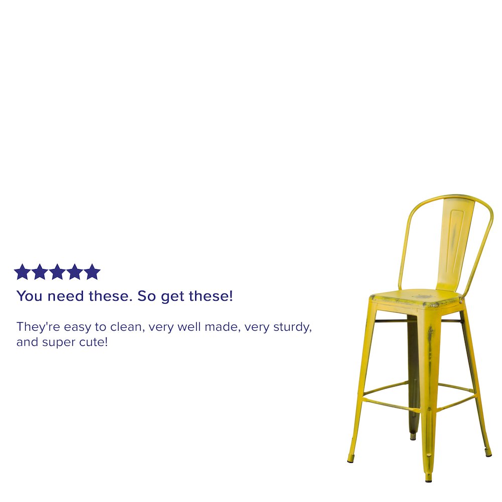 30″ High Distressed Yellow Metal Indoor-Outdoor Barstool with Back
