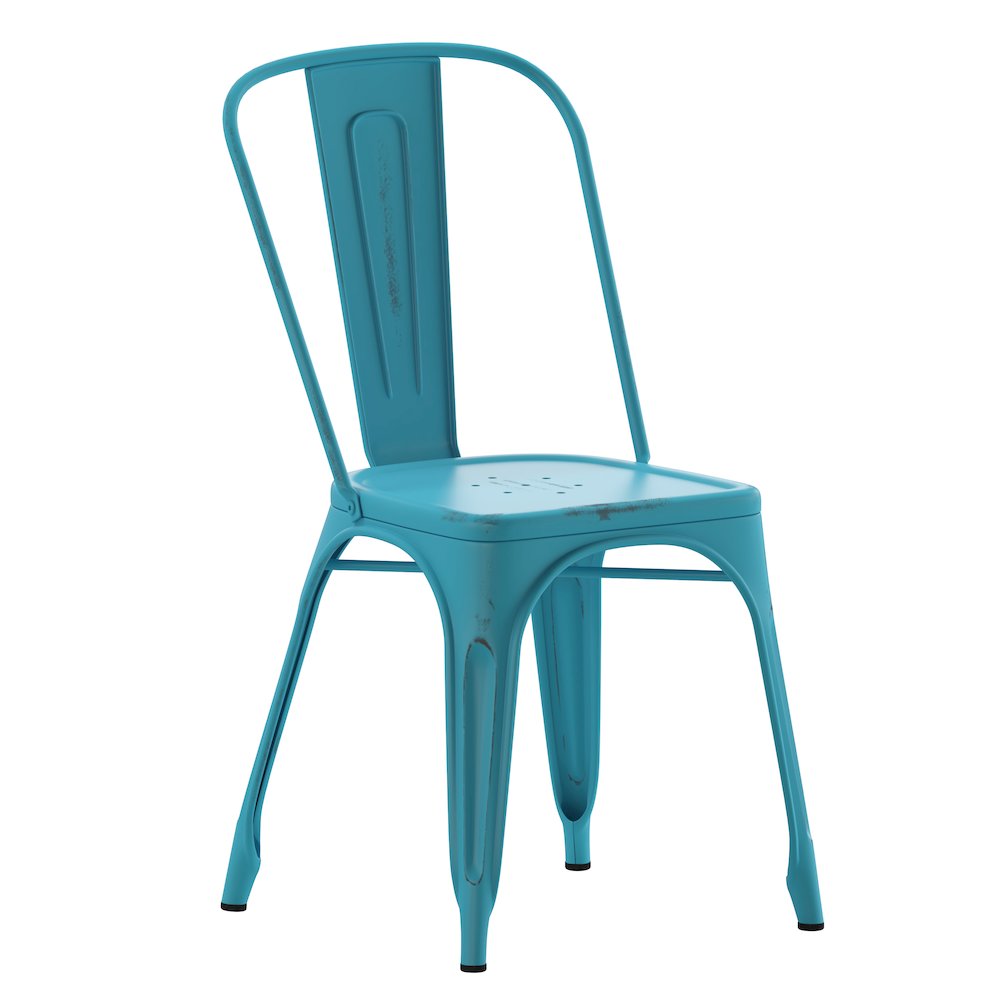 Tenley Commercial Grade Distressed Blue Metal Indoor-Outdoor Stackable Chair