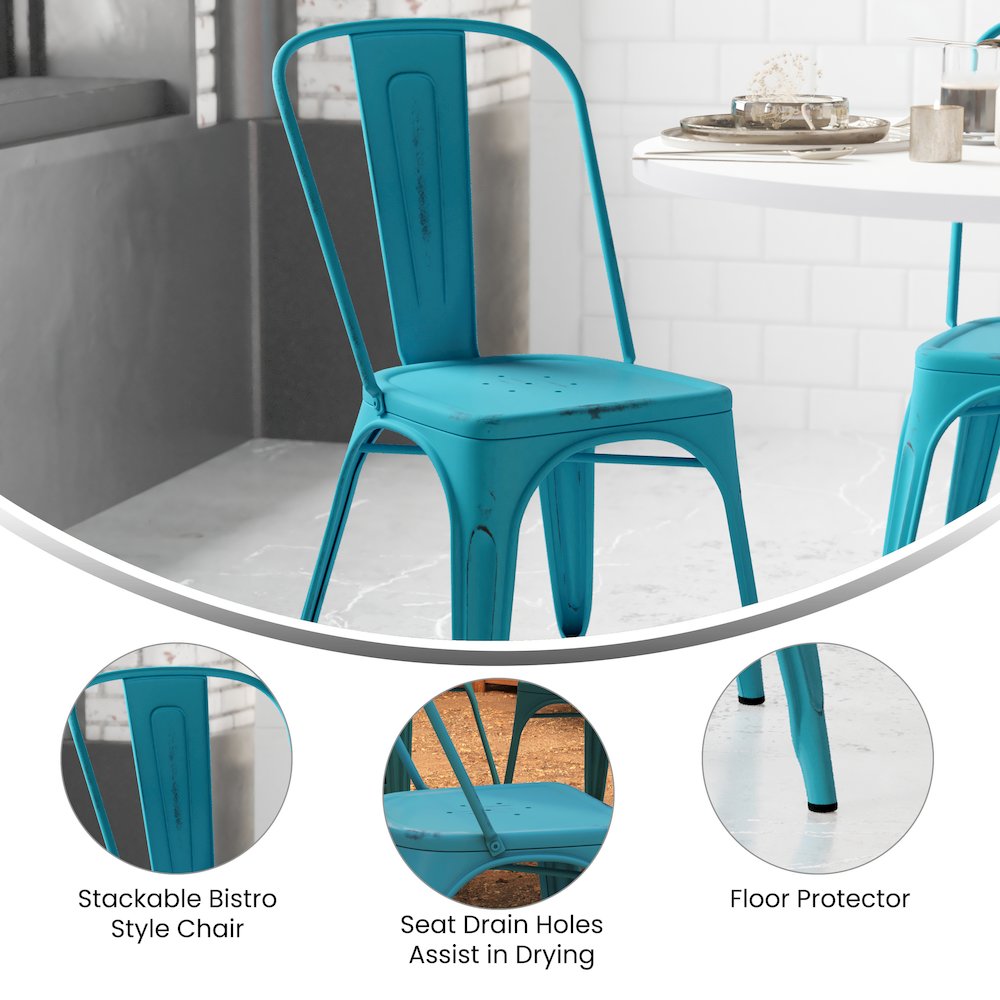 Tenley Commercial Grade Distressed Blue Metal Indoor-Outdoor Stackable Chair