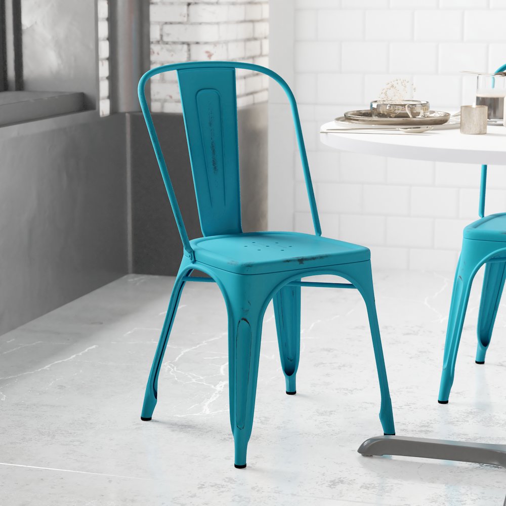 Tenley Commercial Grade Distressed Blue Metal Indoor-Outdoor Stackable Chair