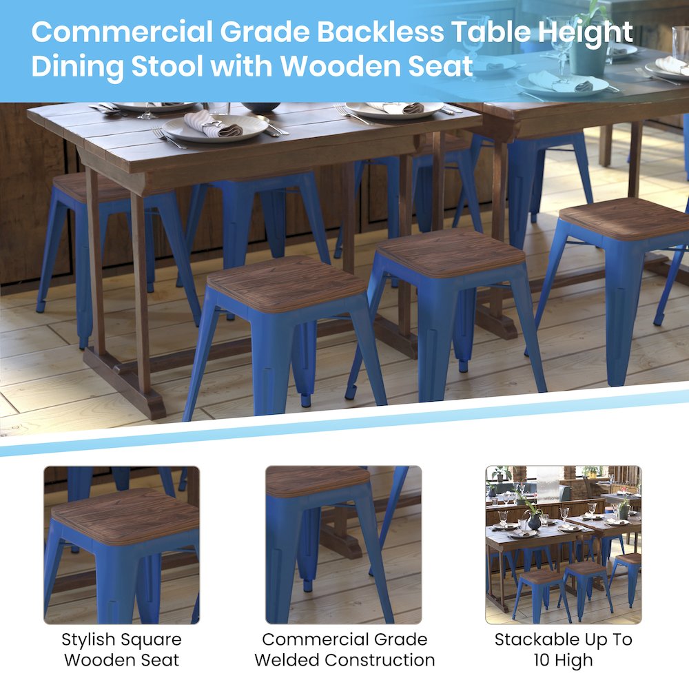 18″ Table Height -Stackable Royal Blue Metal Dining Stool-Grade-Set of 4