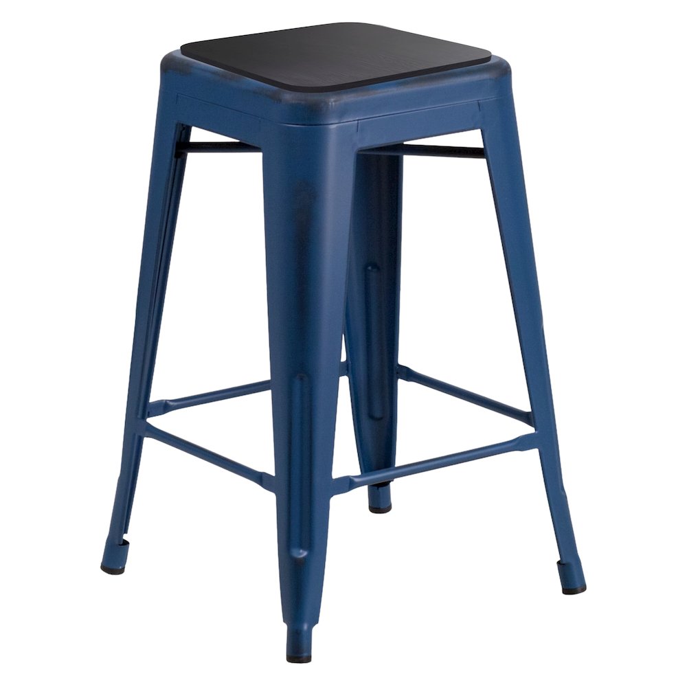 24″ High Backless Distressed Antique Blue Metal Counter Height Stool