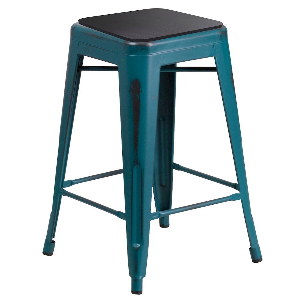 24″ High Backless Distressed Kelly Blue-Teal Metal Counter Height Stool