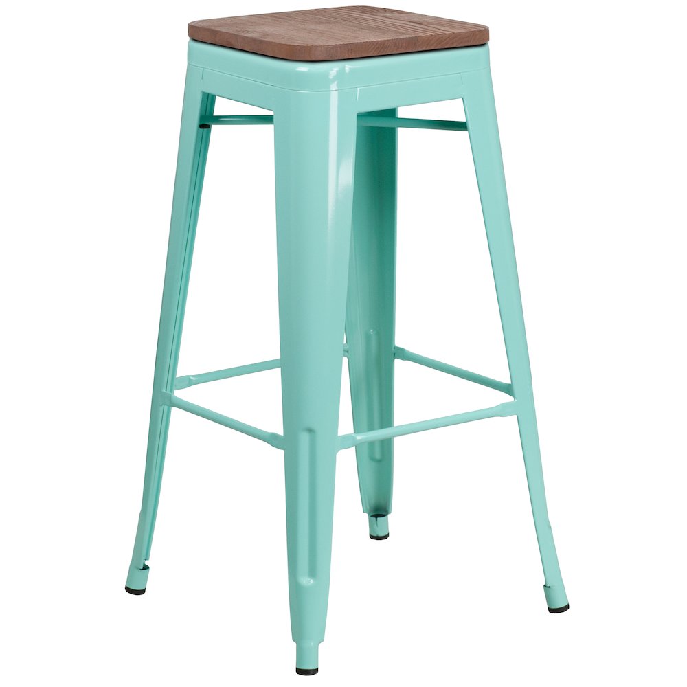 30″ High Backless Mint Green Barstool with Square Wood Seat