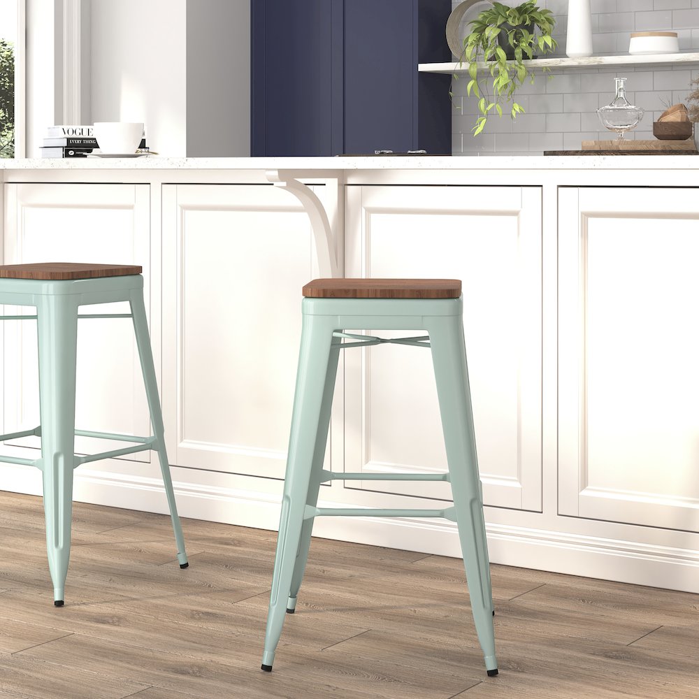 30″ High Backless Mint Green Barstool with Square Wood Seat