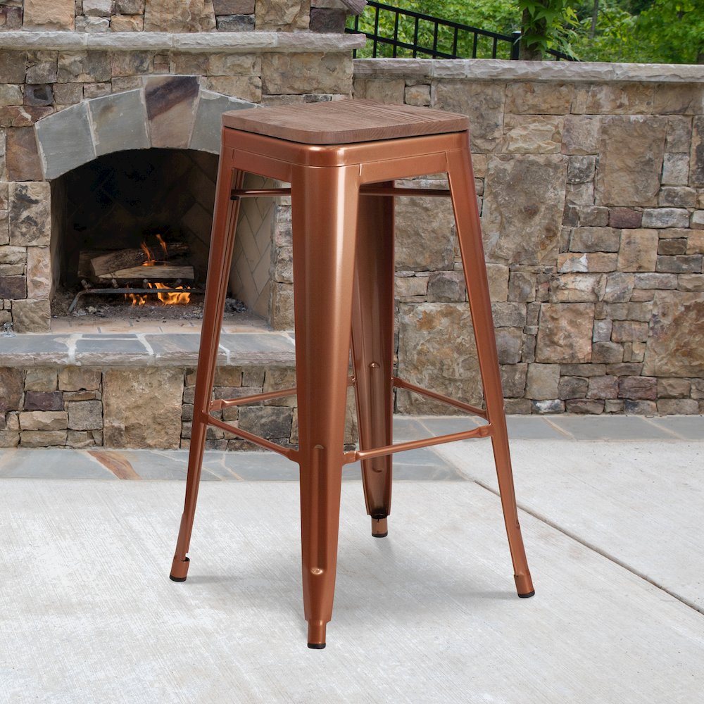 30″ High Backless Copper Barstool with Square Wood Seat