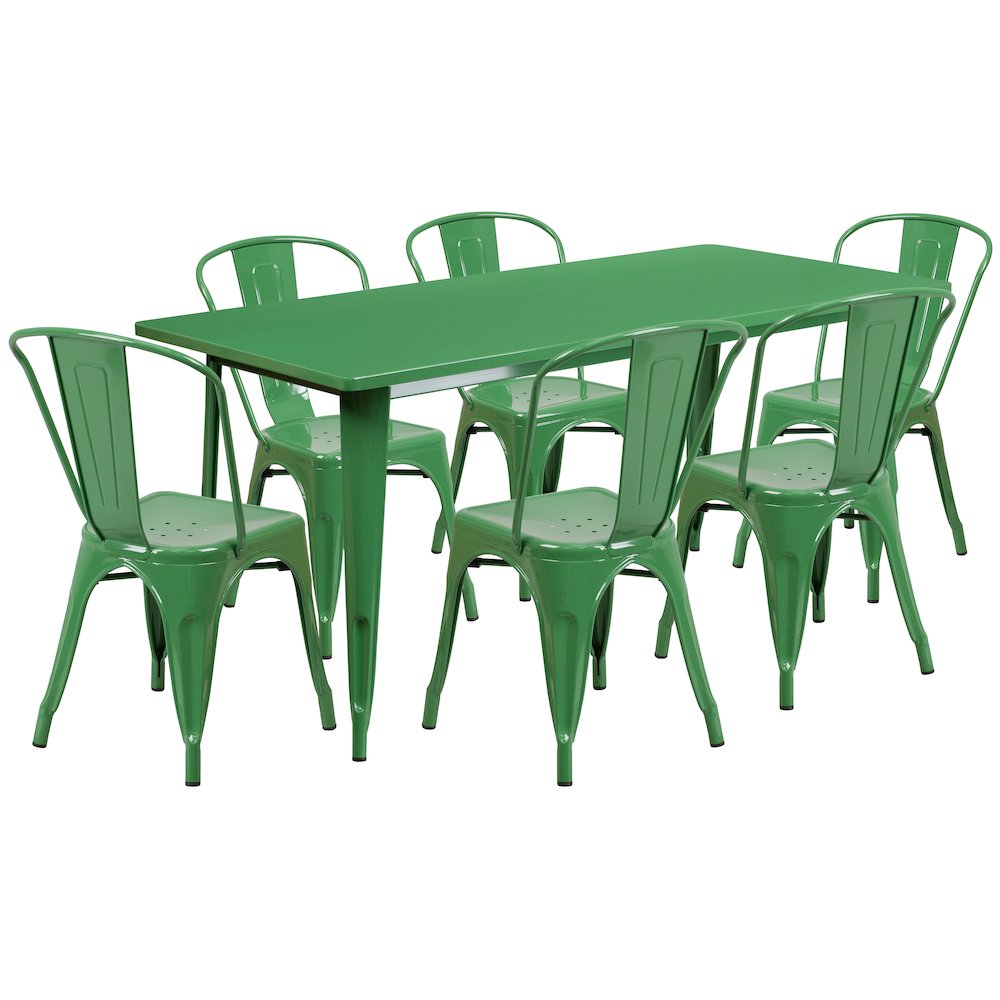 1.5″ x 63″ Rectangular Green Metal Indoor-Outdoor Table Set with 6 Stack Chairs