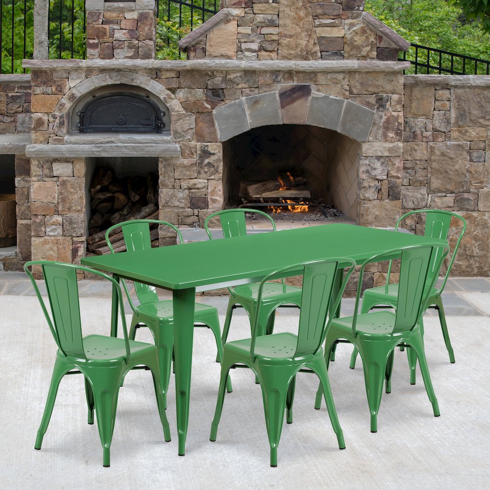 1.5″ x 63″ Rectangular Green Metal Indoor-Outdoor Table Set with 6 Stack Chairs