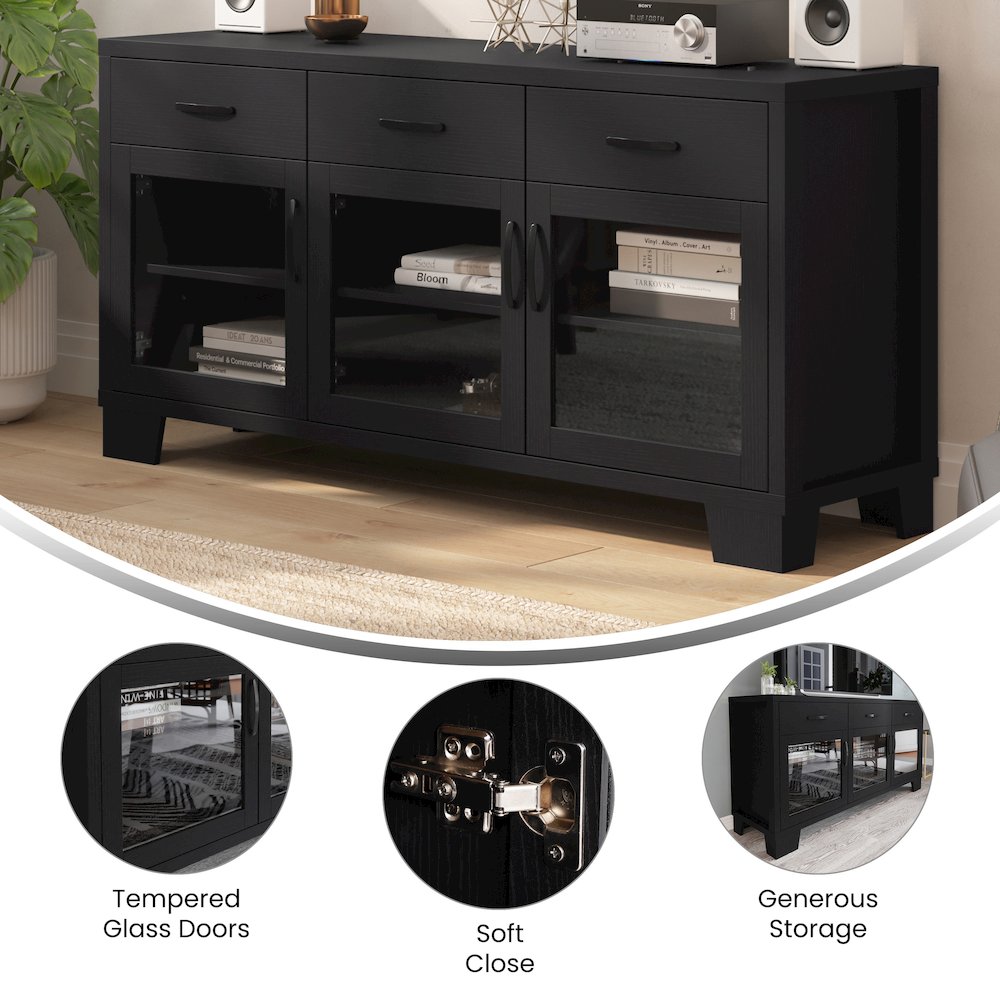 Black 59in Modern Kitchen and Dining Room Buffet Sideboard Storage Cabinet