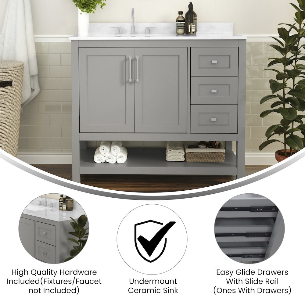42 Inch Contemporary Bathroom Vanity with Storage Drawers and Sink Combo