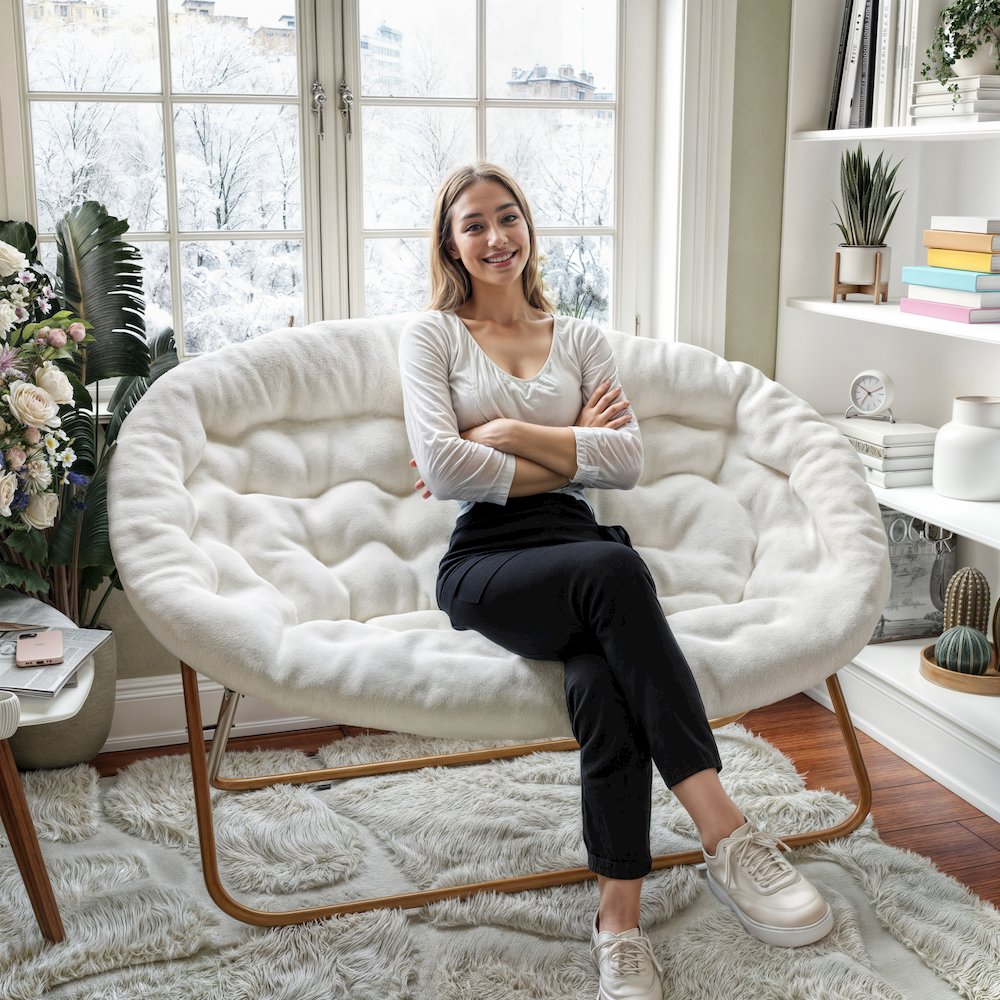 Ivory Faux Shearling Fabric/Soft Gold Frame