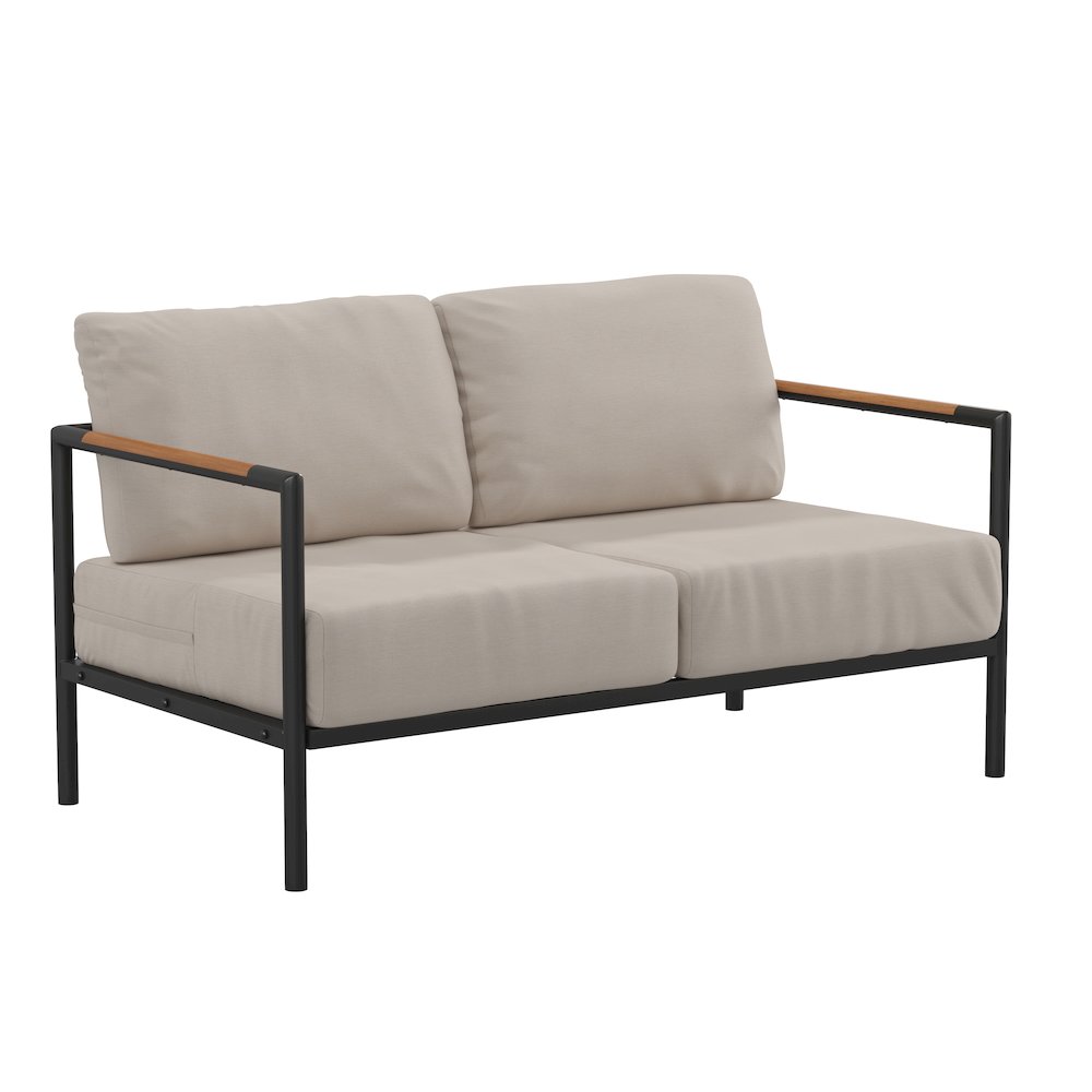 Patio Loveseat with Cushions with Teak Accent Arms