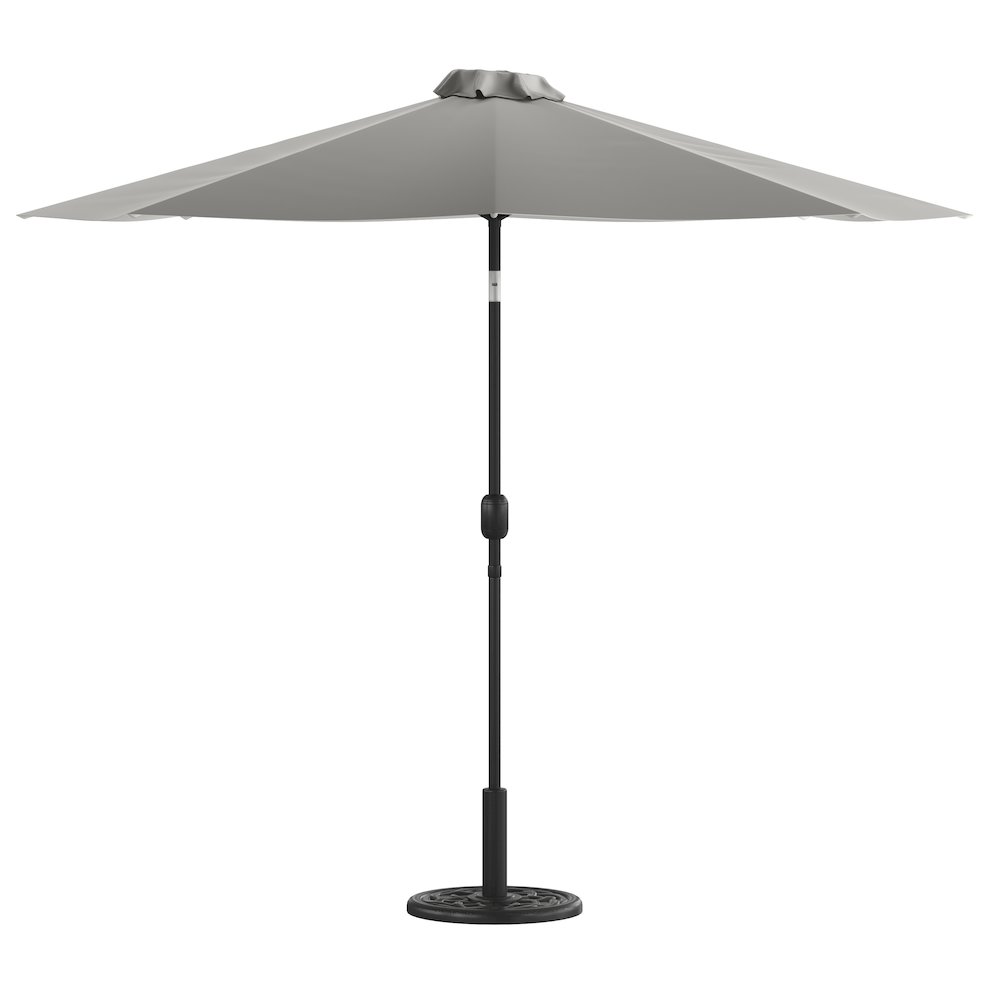 Gray 9 FT Round Umbrella with Crank and Tilt Function and Standing Umbrella Base