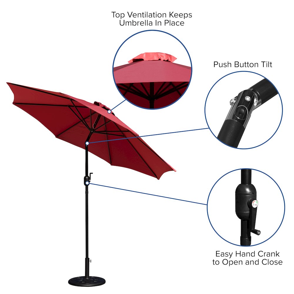 Red 9 FT Round Umbrella with Crank and Tilt Function and Standing Umbrella Base