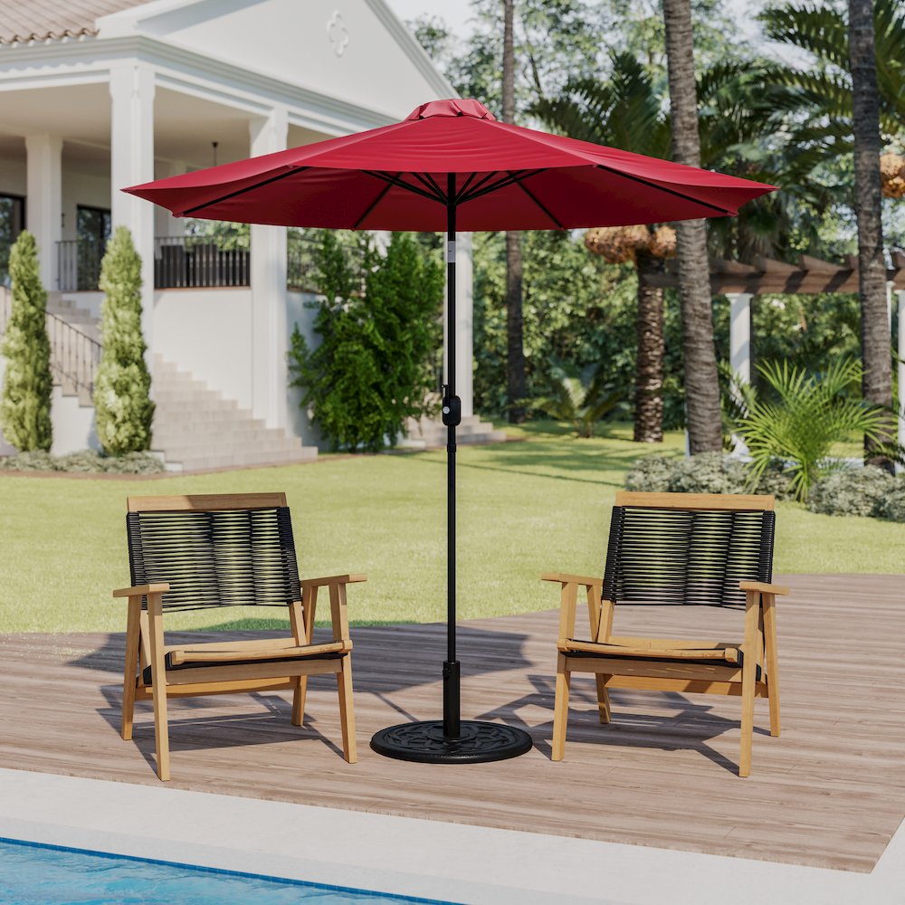 Red 9 FT Round Umbrella with Crank and Tilt Function and Standing Umbrella Base