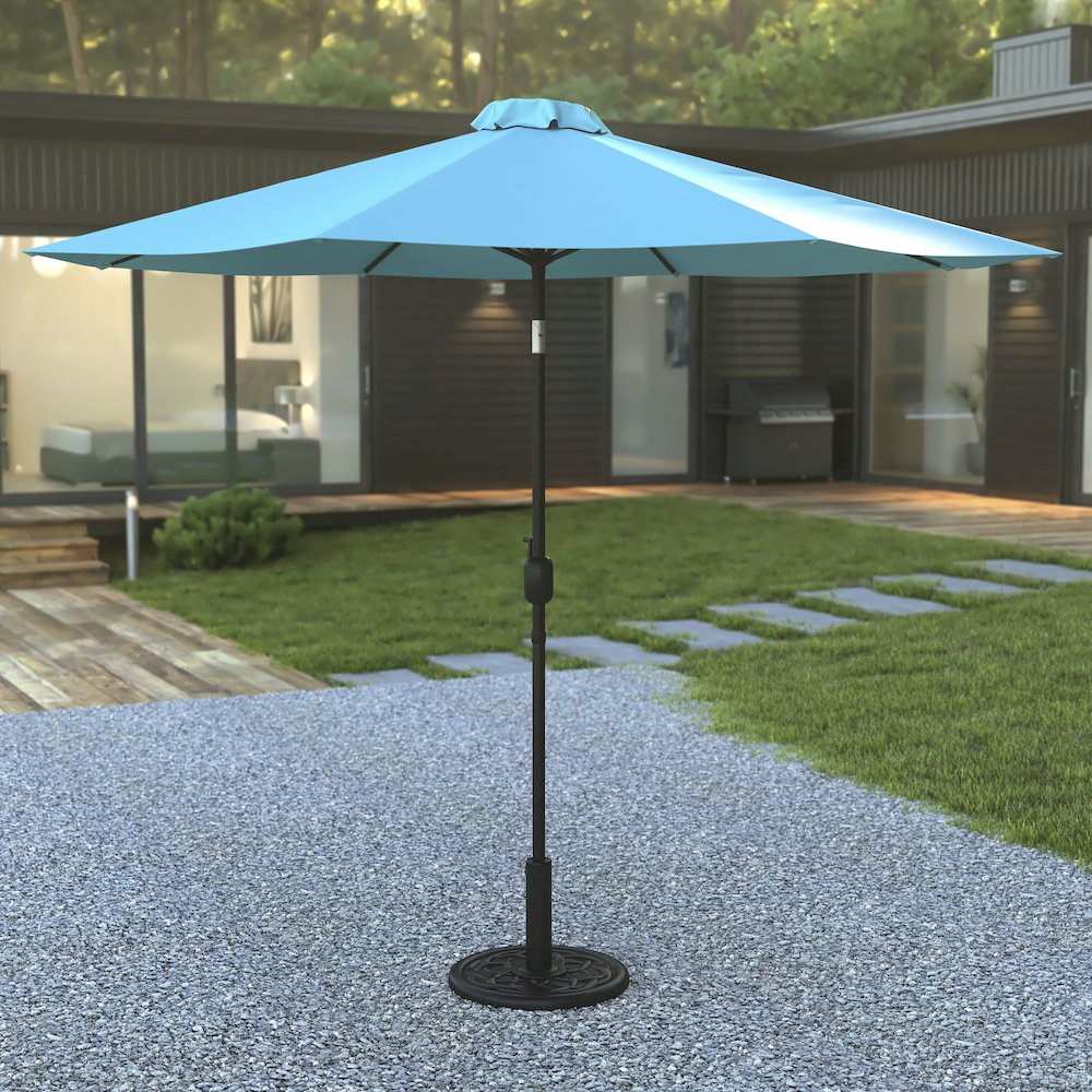 Teal 9 FT Round Umbrella with Crank and Tilt Function and Standing Umbrella Base