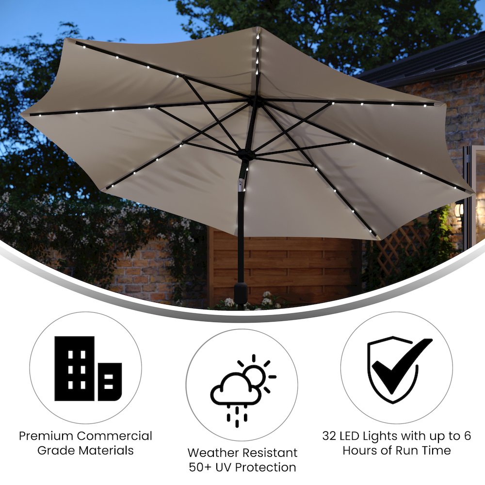 9 FT Round Umbrella with 32 Solar LED Lights and Crank in Tan