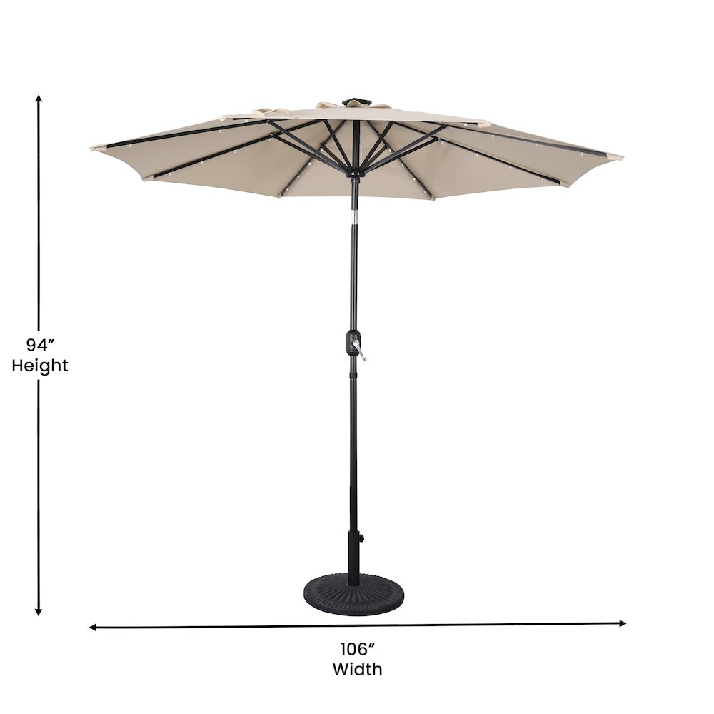 9 FT Round Umbrella with 32 Solar LED Lights and Crank in Tan