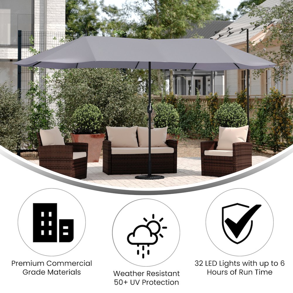 15 FT Triple Head Patio Umbrella with Crank and Easy Lift Functionality in Gray