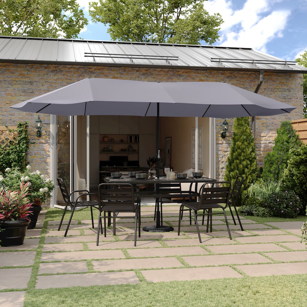 15 FT Triple Head Patio Umbrella with Crank and Easy Lift Functionality in Gray