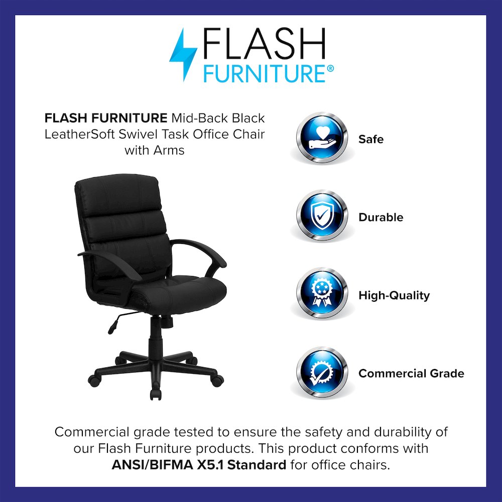 Mid-Back Black LeatherSoft Swivel Task Office Chair with Arms