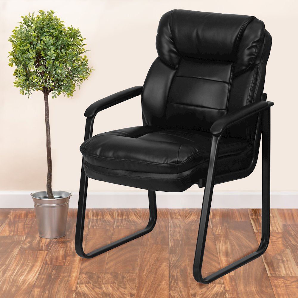 Black Executive Side Reception Chair with Lumbar Support and Sled Base