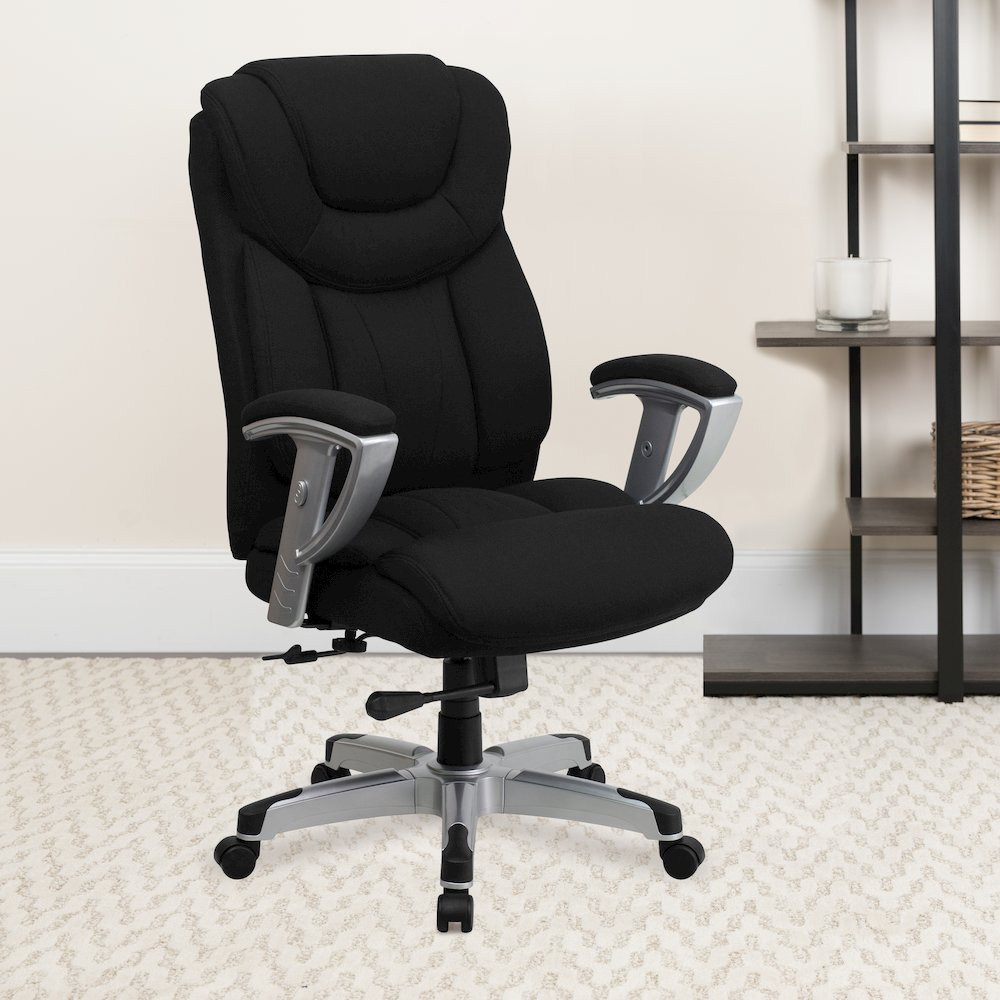 400 lb. Rated Black Fabric Executive Office Chair with Silver Adjustable Arms
