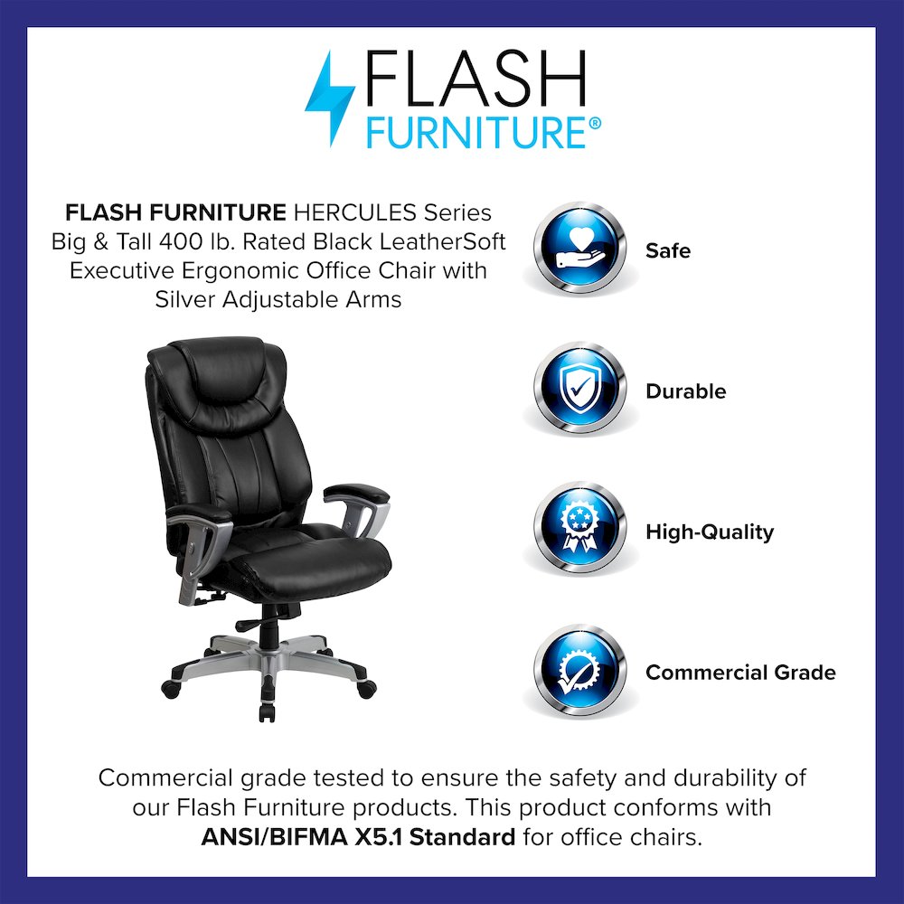 400 lb. Rated Black Executive Office Chair with Silver Adjustable Arms