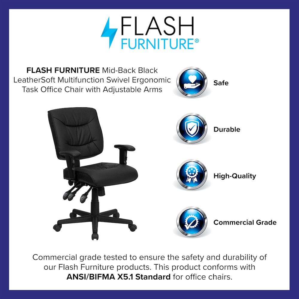 Mid-Back Black Multifunction Swivel Task Office Chair with Adjustable Arms