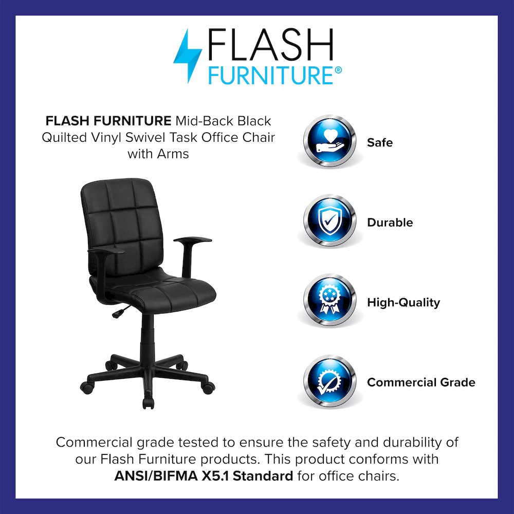 Mid-Back Black Quilted Vinyl Swivel Task Office Chair with Arms
