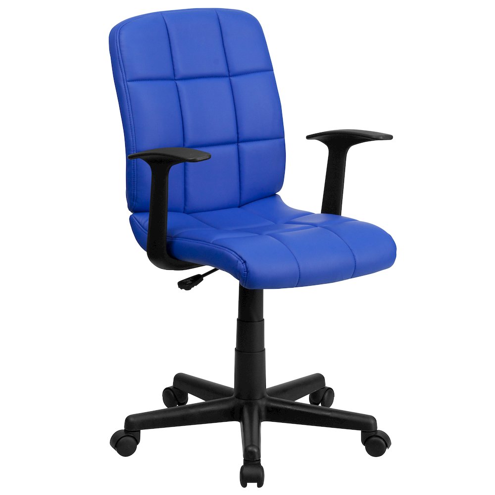Mid-Back Blue Quilted Vinyl Swivel Task Office Chair with Arms