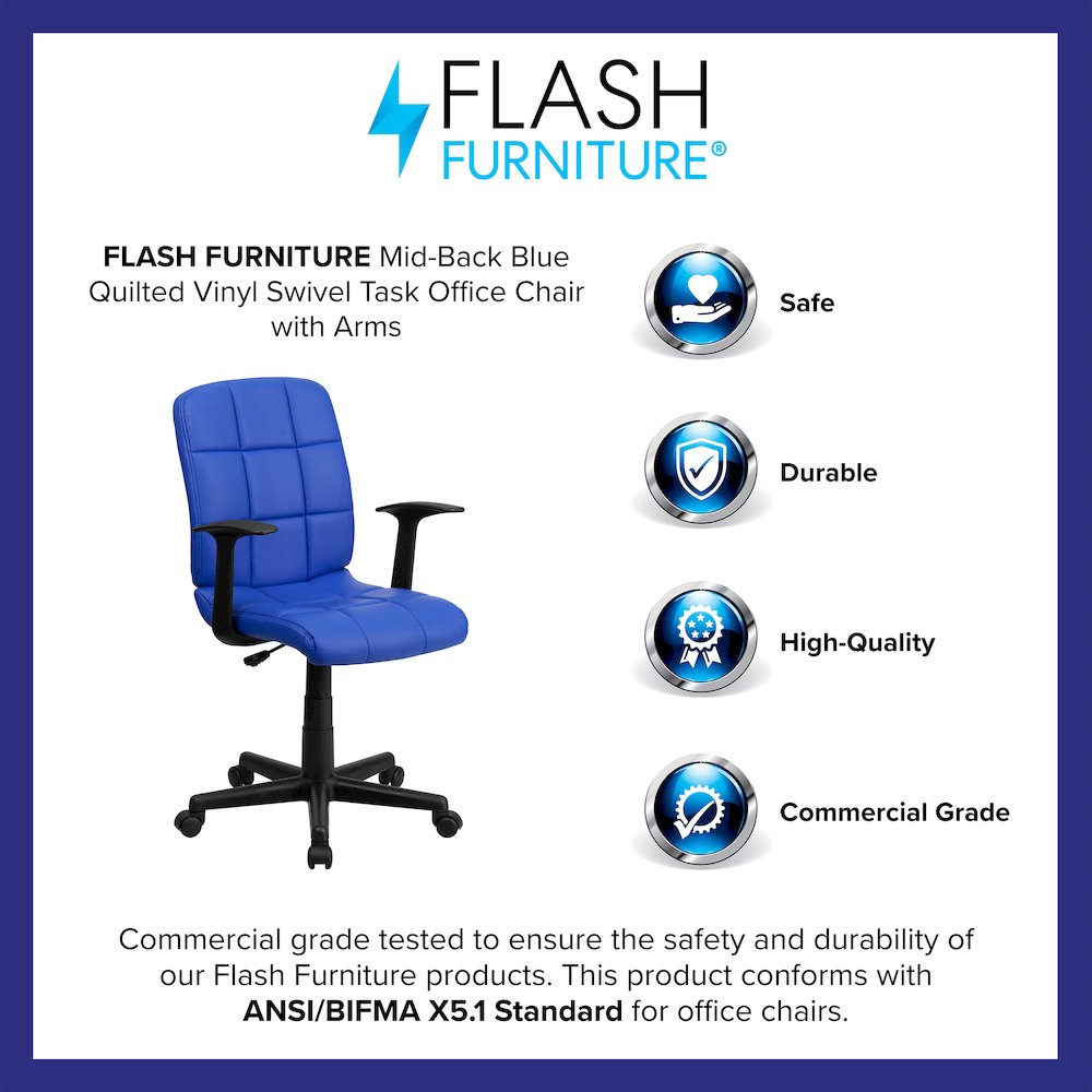 Mid-Back Blue Quilted Vinyl Swivel Task Office Chair with Arms