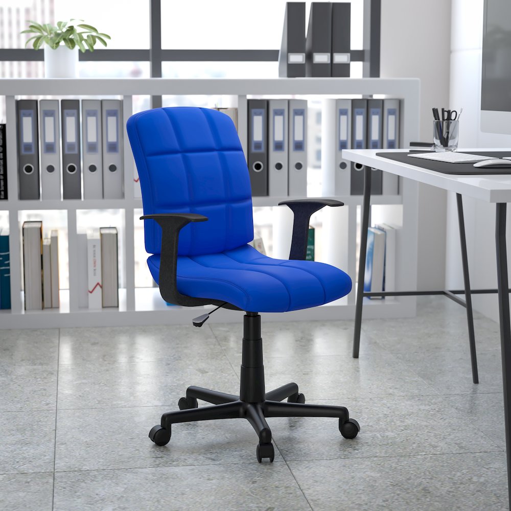 Mid-Back Blue Quilted Vinyl Swivel Task Office Chair with Arms