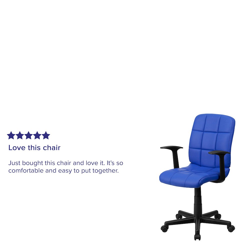 Mid-Back Blue Quilted Vinyl Swivel Task Office Chair with Arms
