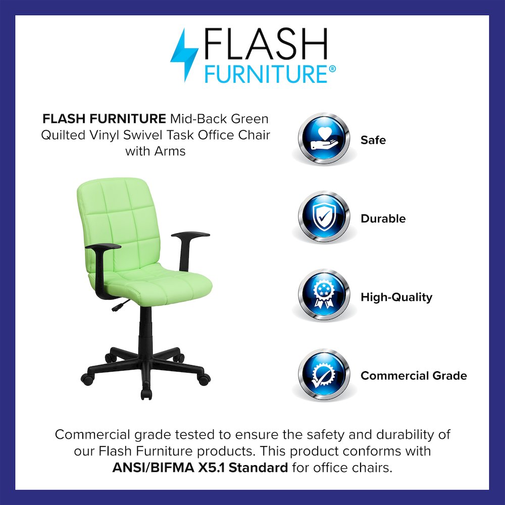 Mid-Back Green Quilted Vinyl Swivel Task Office Chair with Arms