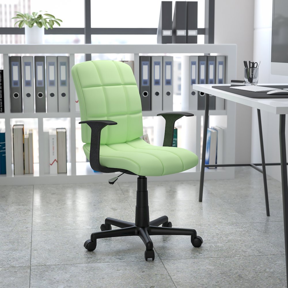 Mid-Back Green Quilted Vinyl Swivel Task Office Chair with Arms