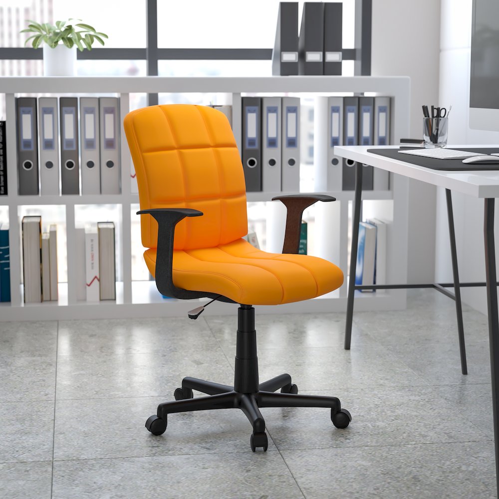 Mid-Back Orange Quilted Vinyl Swivel Task Office Chair with Arms
