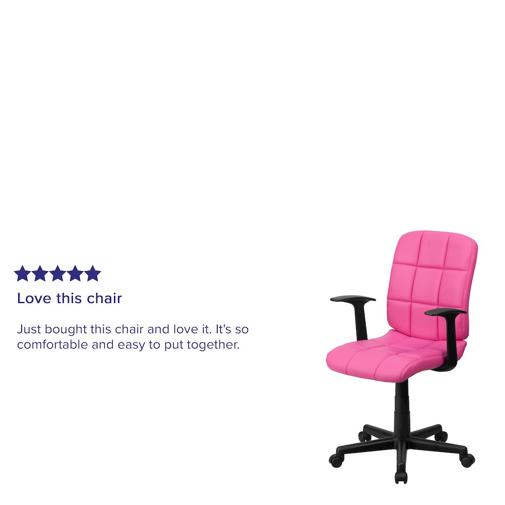 Mid-Back Pink Quilted Vinyl Swivel Task Office Chair with Arms