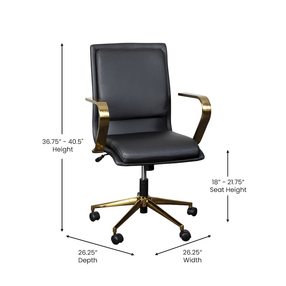 Mid-Back Designer Executive Office Chair with Brushed Gold Base and Arms