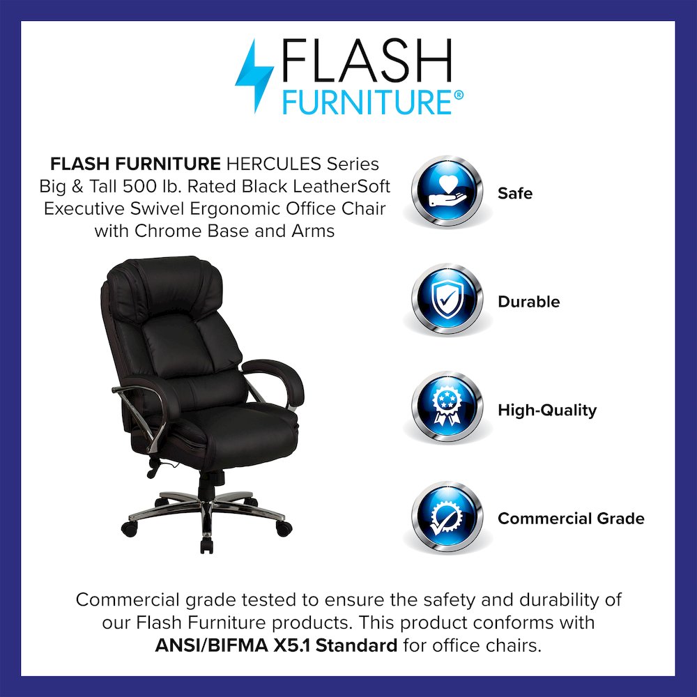 500 lb. Rated Black Executive Swivel Office Chair with Chrome Base and Arms