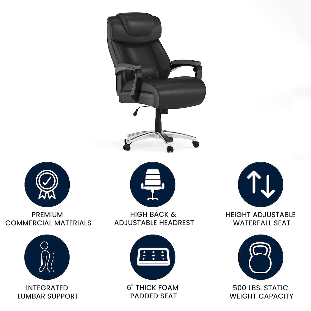 500 lb. Rated Black Executive Swivel Office Chair with Adjustable Headrest