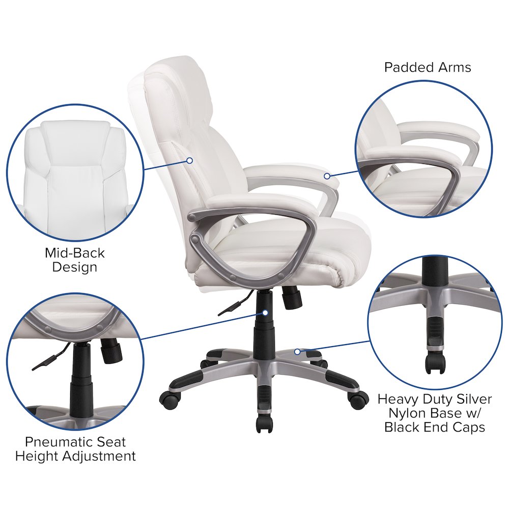 Mid-Back White LeatherSoft Executive Swivel Office Chair with Padded Arms